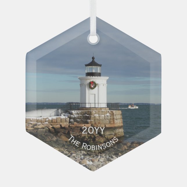 Bug Light Portland Breakwater Lighthouse  Glass Tree Decoration (Front)