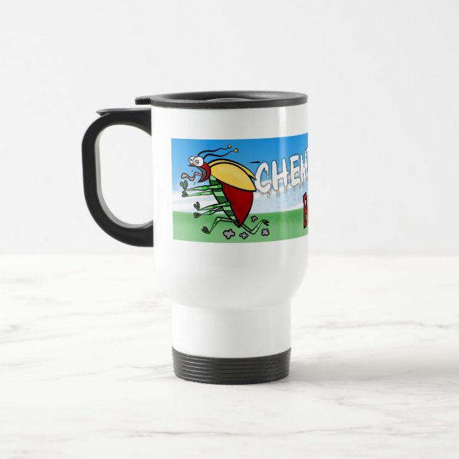 Bug running away from chemtrail plane travel mug (Left)