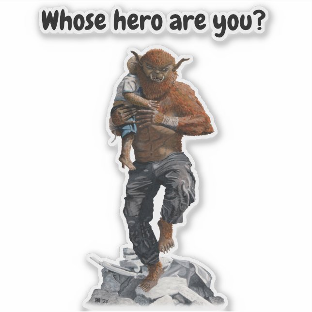Bugbear Hero Rescuing Child Fantasy Art Sticker (Front)