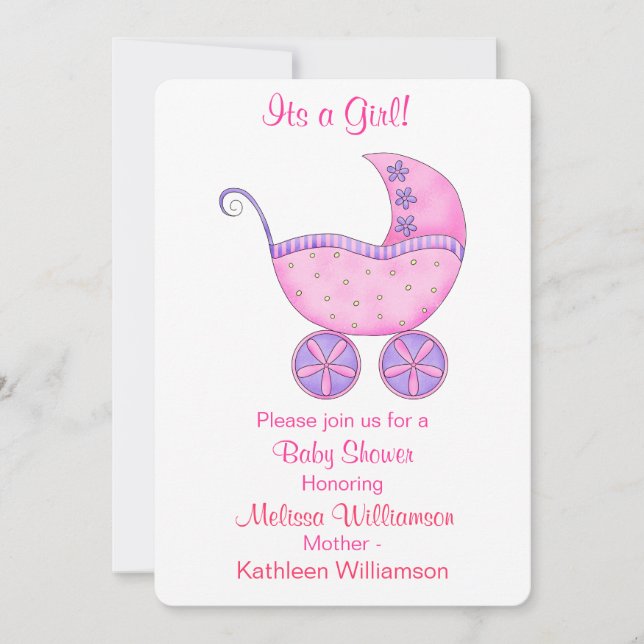 Buggy Carriage Its a Girl Pink Baby Shower Invitation (Front)