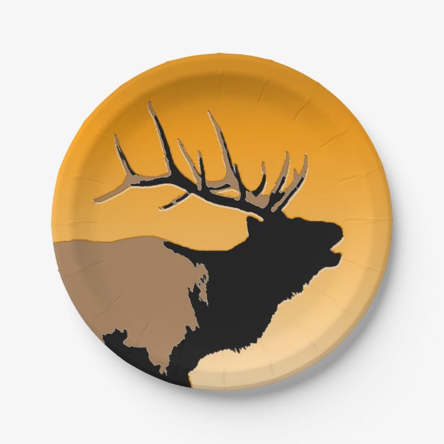 Bugling Bull Elk at Sunset Original Wildlife Art Paper Plate (Front)
