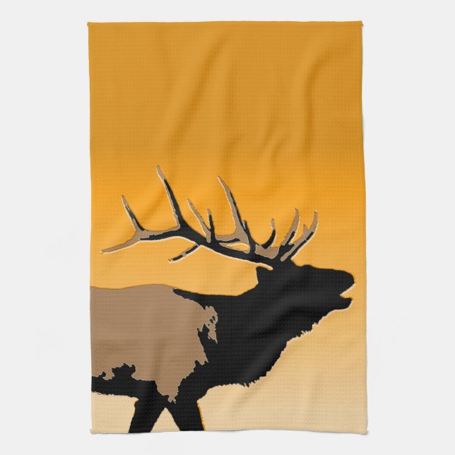 Bugling Bull Elk at Sunset Original Wildlife Art Tea Towel (Vertical)