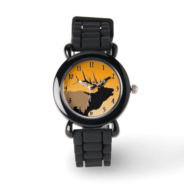 Bugling Bull Elk at Sunset Original Wildlife Art Watch (Front)