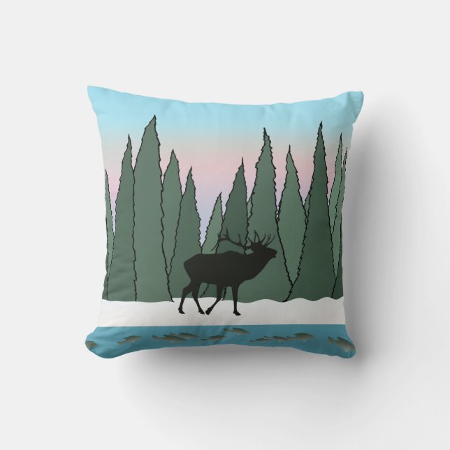 Bugling Bull Elk , Fish and Moose in Winter Cushion (Front)