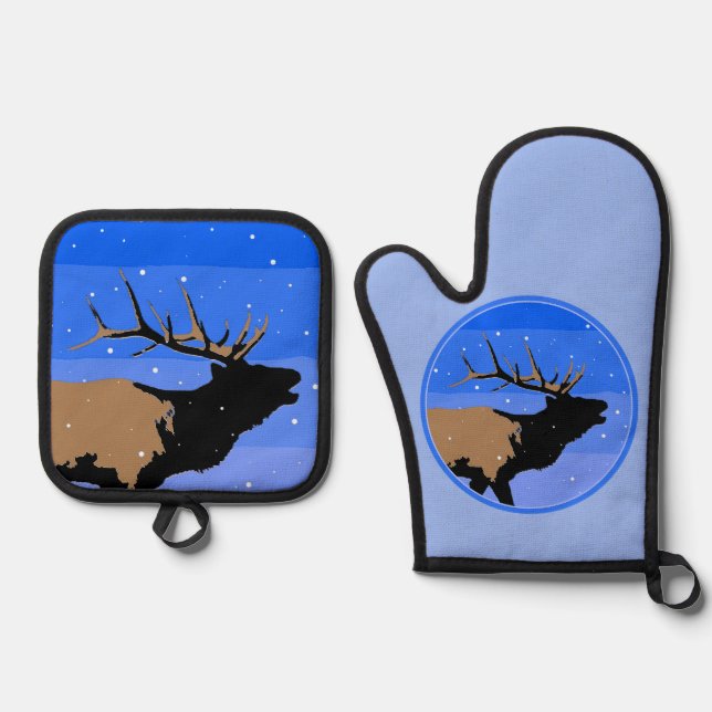 Bugling Elk in Winter  - Original Wildlife Art Oven Mitt & Pot Holder Set (Front)