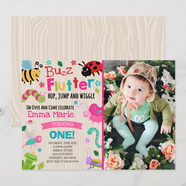 Bugs Birthday Invitation Girl Pink Bugs Party (Front/Back)