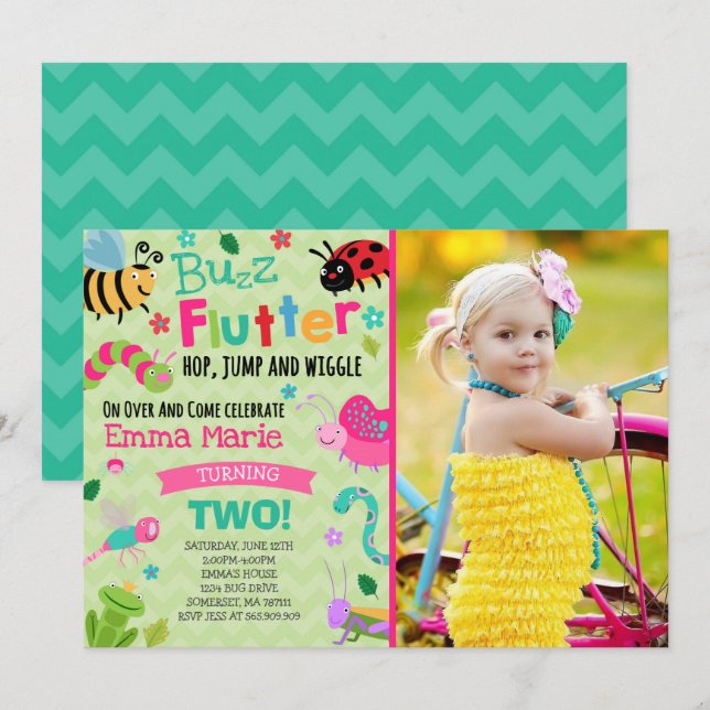 Bugs Birthday Invitation Girl Pink Bugs Party (Front/Back)