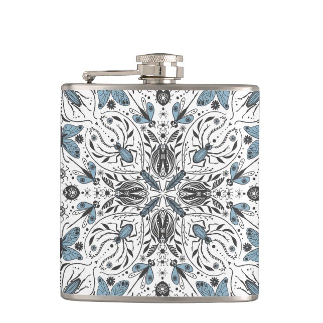 Bugs, black and blue hip flask (Front)