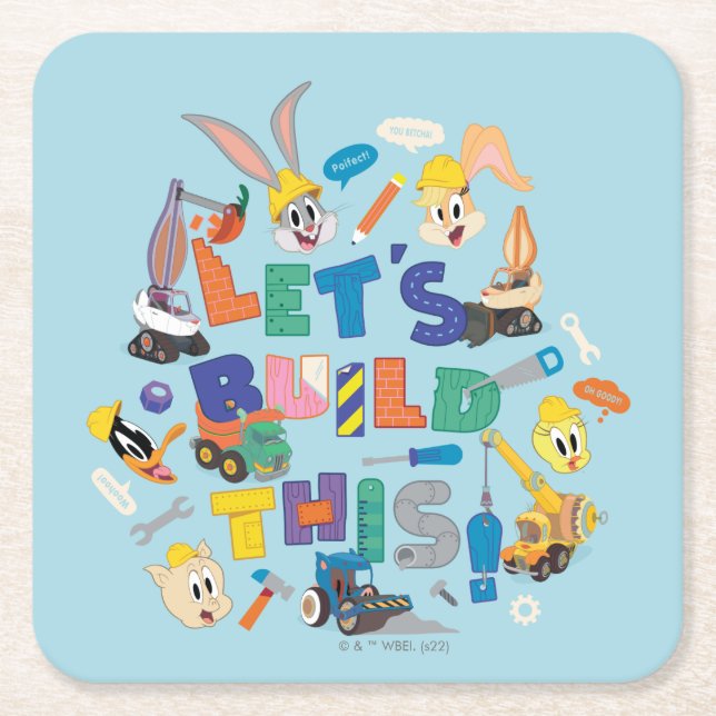 BUGS BUNNY BUILDERS™| "Let's Build This" Collage Square Paper Coaster (Front)