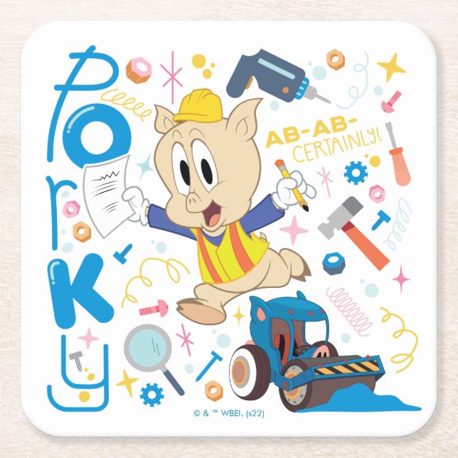 BUGS BUNNY BUILDERS™| Porky Pig Work Tools Square Paper Coaster (Front)