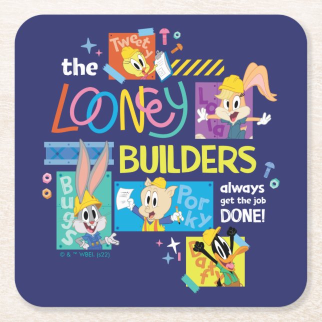 BUGS BUNNY BUILDERS™| The Looney Builders Collage Square Paper Coaster (Front)