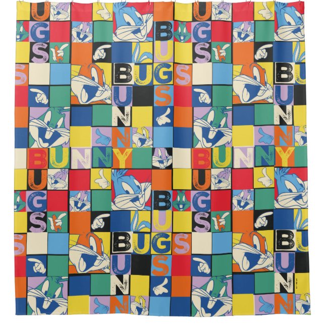 BUGS BUNNY™ Colourful Name and Face Chequered Shower Curtain (Front)