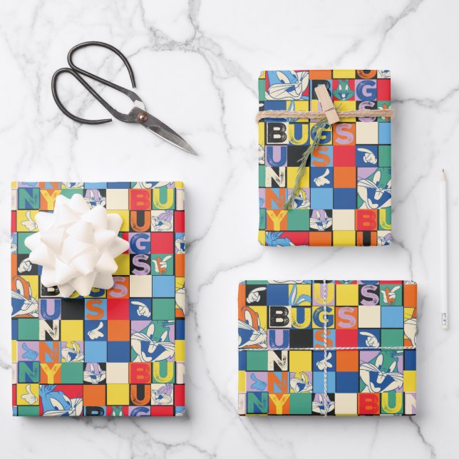BUGS BUNNY™ Colourful Name and Face Chequered Wrapping Paper Sheet (Front)
