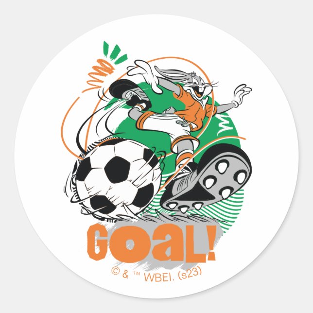 BUGS BUNNY™ Kicking Soccer Goal Classic Round Sticker (Front)