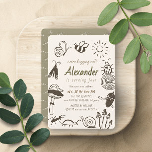 Bugs Critters Insects Mushroom Doodle Boy Birthday Invitation