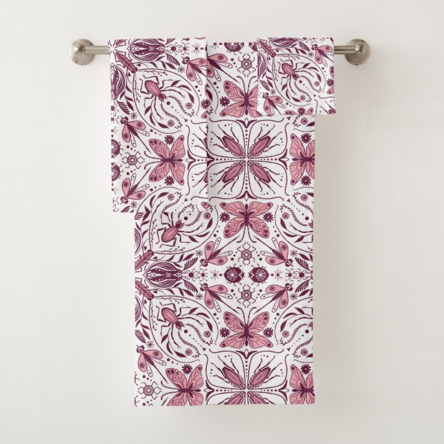 Bugs, dark magenta and pink on white bath towel set (Insitu)