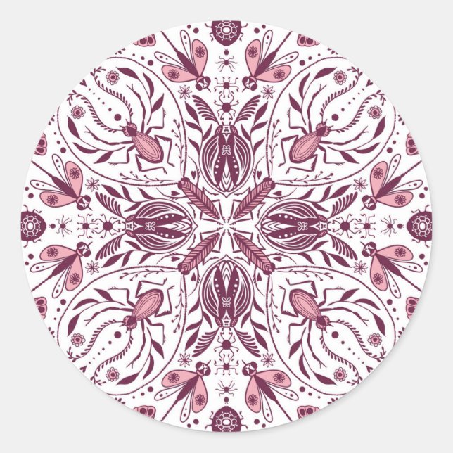 Bugs, dark magenta and pink on white classic round sticker (Front)