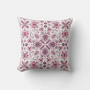 Bugs, dark magenta and pink on white cushion