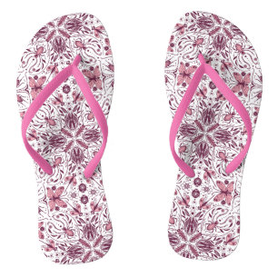 Bugs, dark magenta and pink on white flip flops