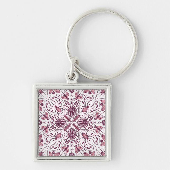 Bugs, dark magenta and pink on white key ring (Front)