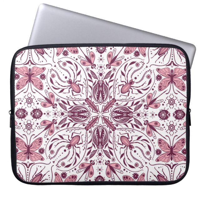 Bugs, dark magenta and pink on white laptop sleeve (Front)