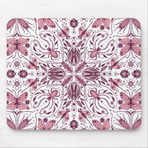 Bugs, dark magenta and pink on white mouse mat