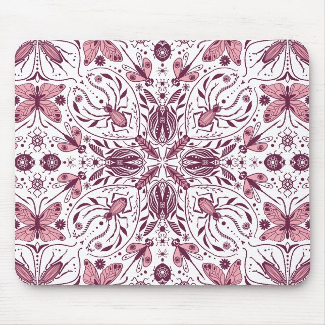 Bugs, dark magenta and pink on white mouse mat (Front)