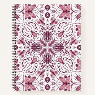 Bugs, dark magenta and pink on white notebook