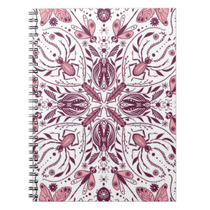 Bugs, dark magenta and pink on white notebook