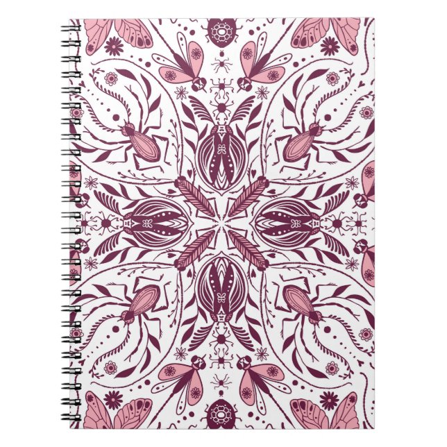 Bugs, dark magenta and pink on white notebook (Front)