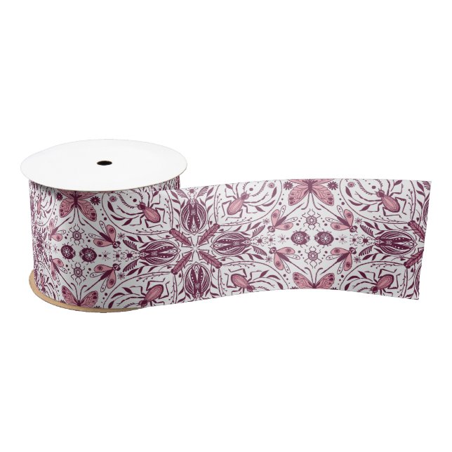 Bugs, dark magenta and pink on white satin ribbon (Spool)