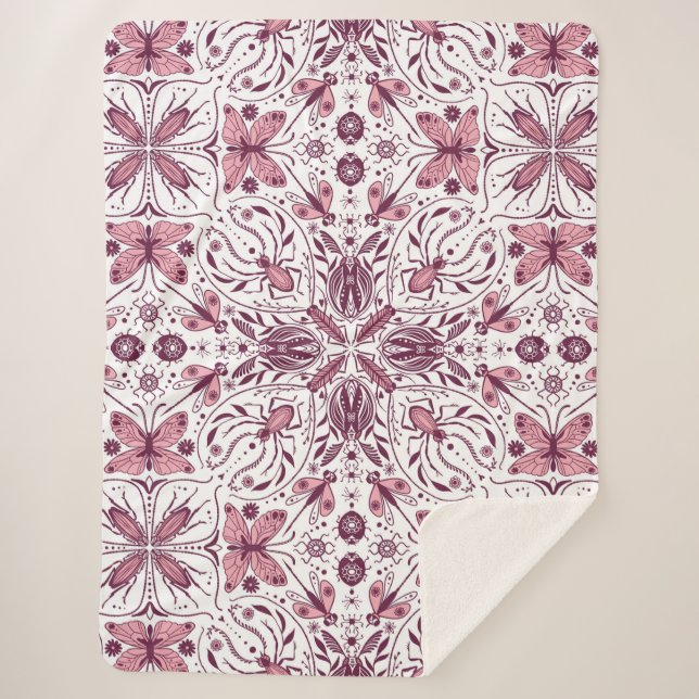 Bugs, dark magenta and pink on white sherpa blanket (Front)