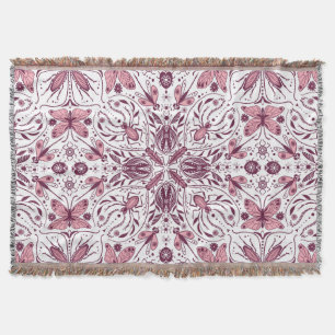 Bugs, dark magenta and pink on white throw blanket