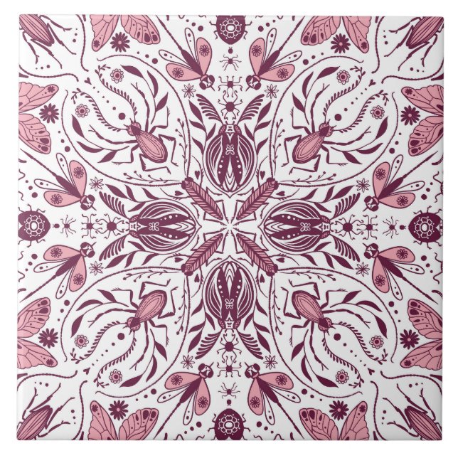 Bugs, dark magenta and pink on white tile (Front)