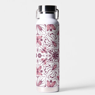 Bugs, dark magenta and pink on white water bottle