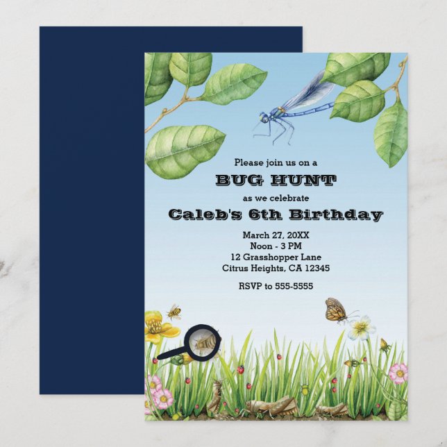 Bugs! Insect Hunt Outdoors Birthday Party Invitation (Front/Back)