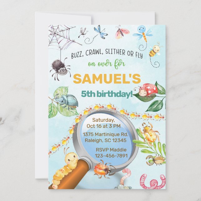 Bugs, insects boy birthday invitation, buzz crawl. invitation (Front)
