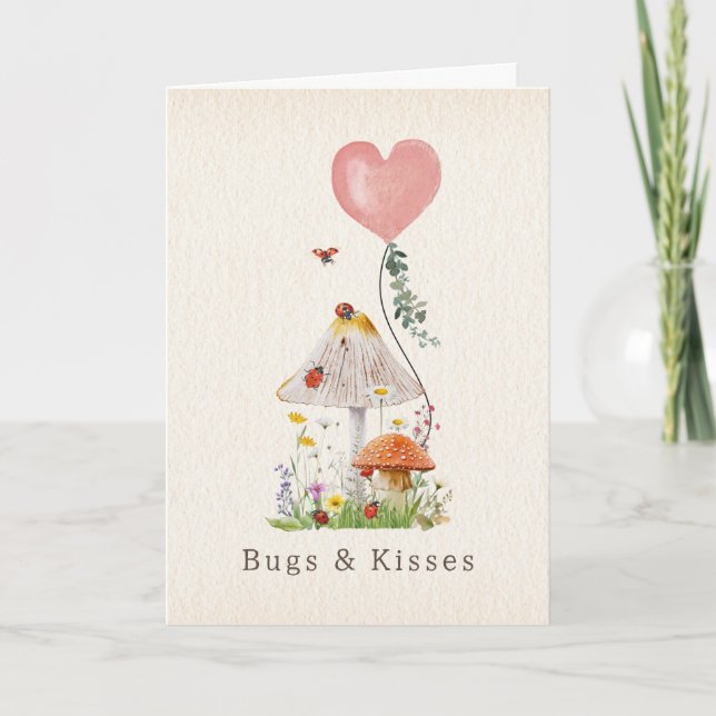 Bugs & Kisses Ladybugs Mushroom Valentine Card (Front)