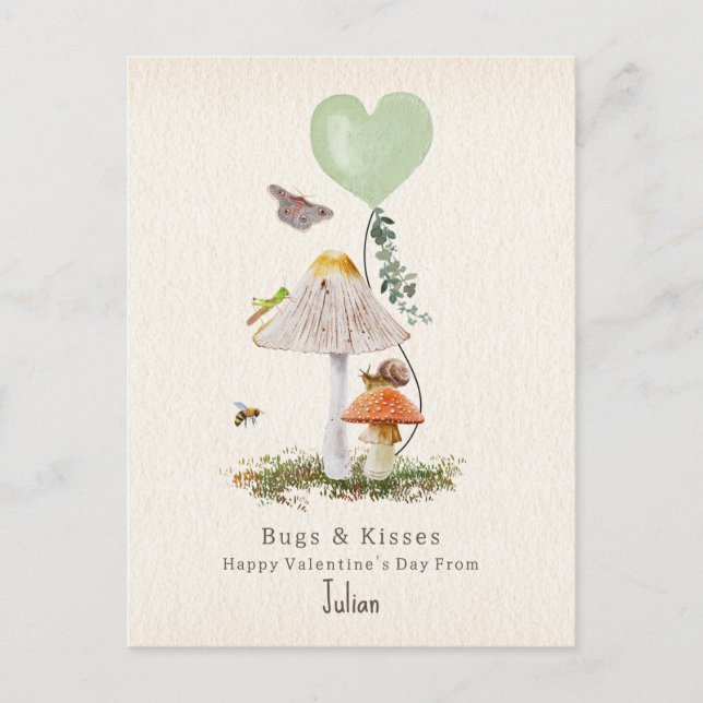 Bugs & Kisses  Mushrooms Classroom Valentine  Postcard (Front)
