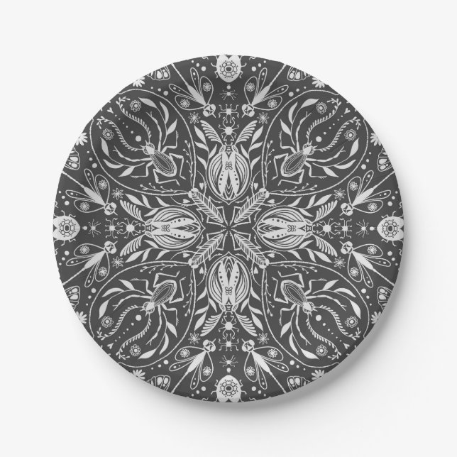 Bugs, off white on black paper plate (Front)