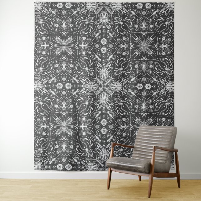 Bugs, off white on black tapestry (In Situ)