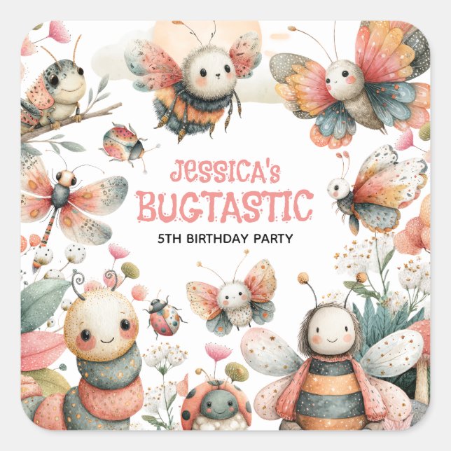 BUGTASTIC Insects Whimsical Bugs Kids' Birthday Square Sticker (Front)