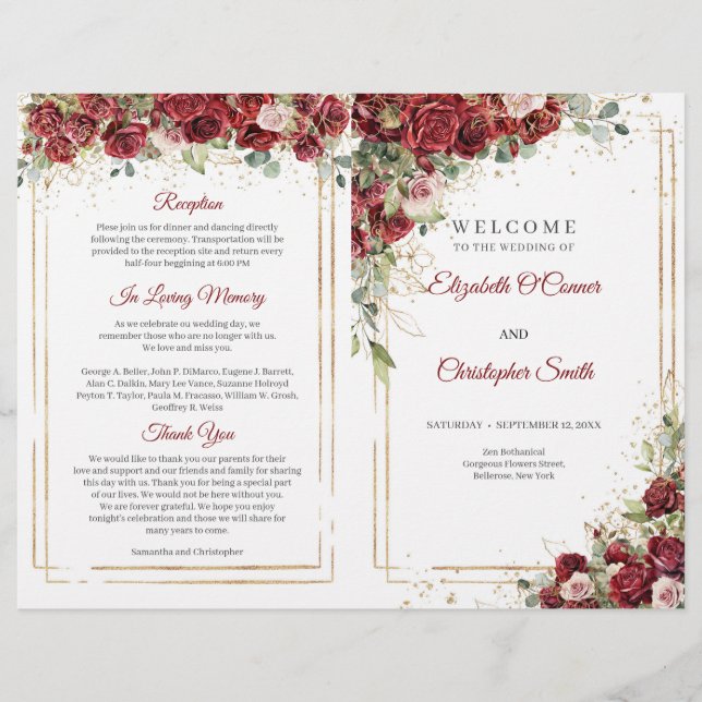 Buhu burgundy and blush roses folded program (Front)