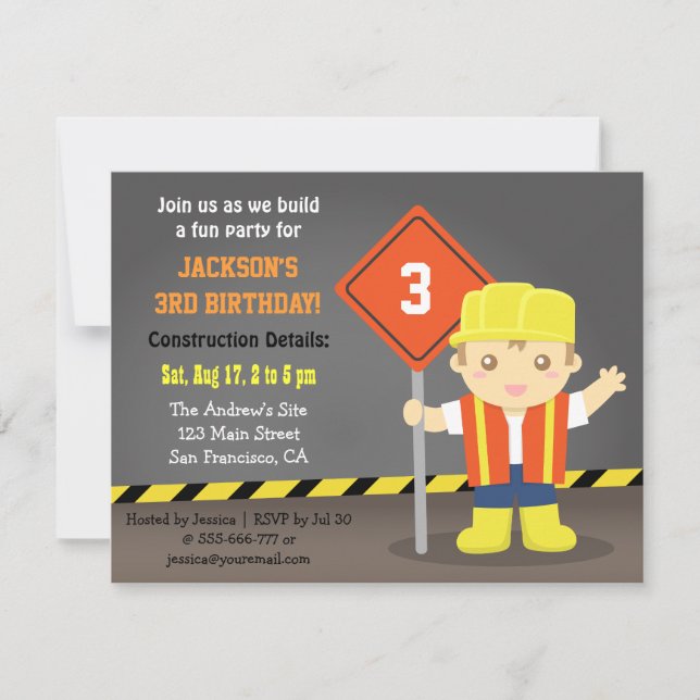 Builder Boy Construction Theme Birthday Party Invitation (Front)