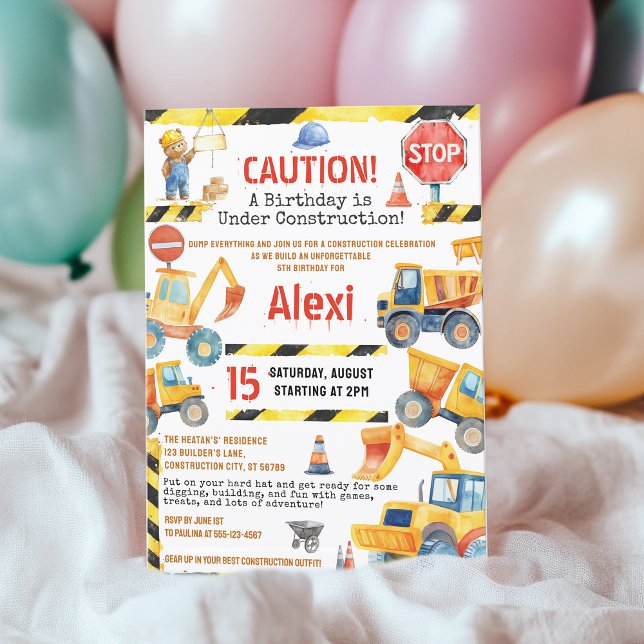 Builder Construction Zone 5th Birthday Kids party Invitation (Builder Construction Zone 5th Birthday Kids party Invitation)