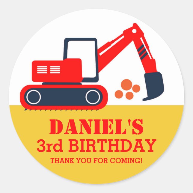 Builder Excavator Kids Birthday Party Stickers (Front)
