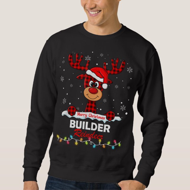Builder Reindeer Santa Hat Buffalo Plaid Christmas Sweatshirt (Front)