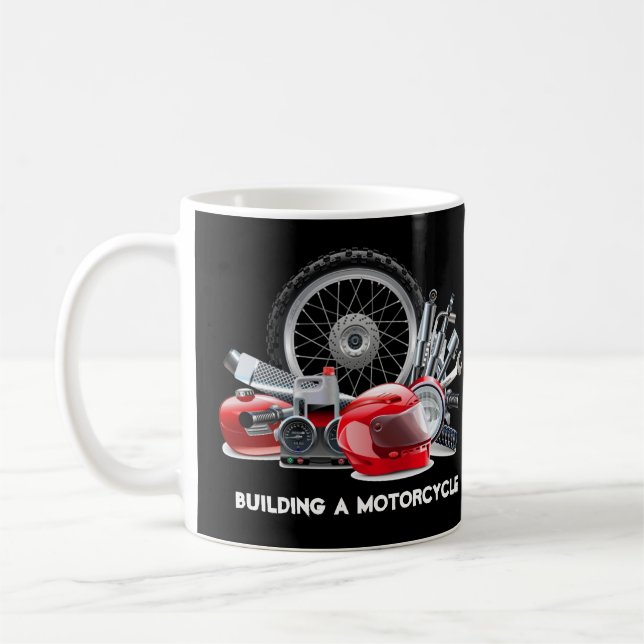 Building a Motorcycle with Parts Drawing Coffee Mug (Left)
