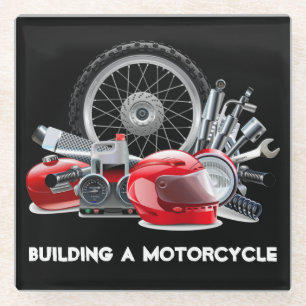 Building a Motorcycle with Parts Drawing Glass Coaster
