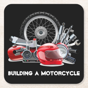 Building a Motorcycle with Parts Drawing Square Paper Coaster